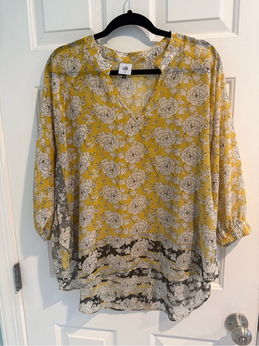 Cabi Style 5713 Yellow Floral Sheer Blouse Medium Boho Tie Waist Top